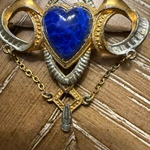 Gold and Blue Heart vintage brooch